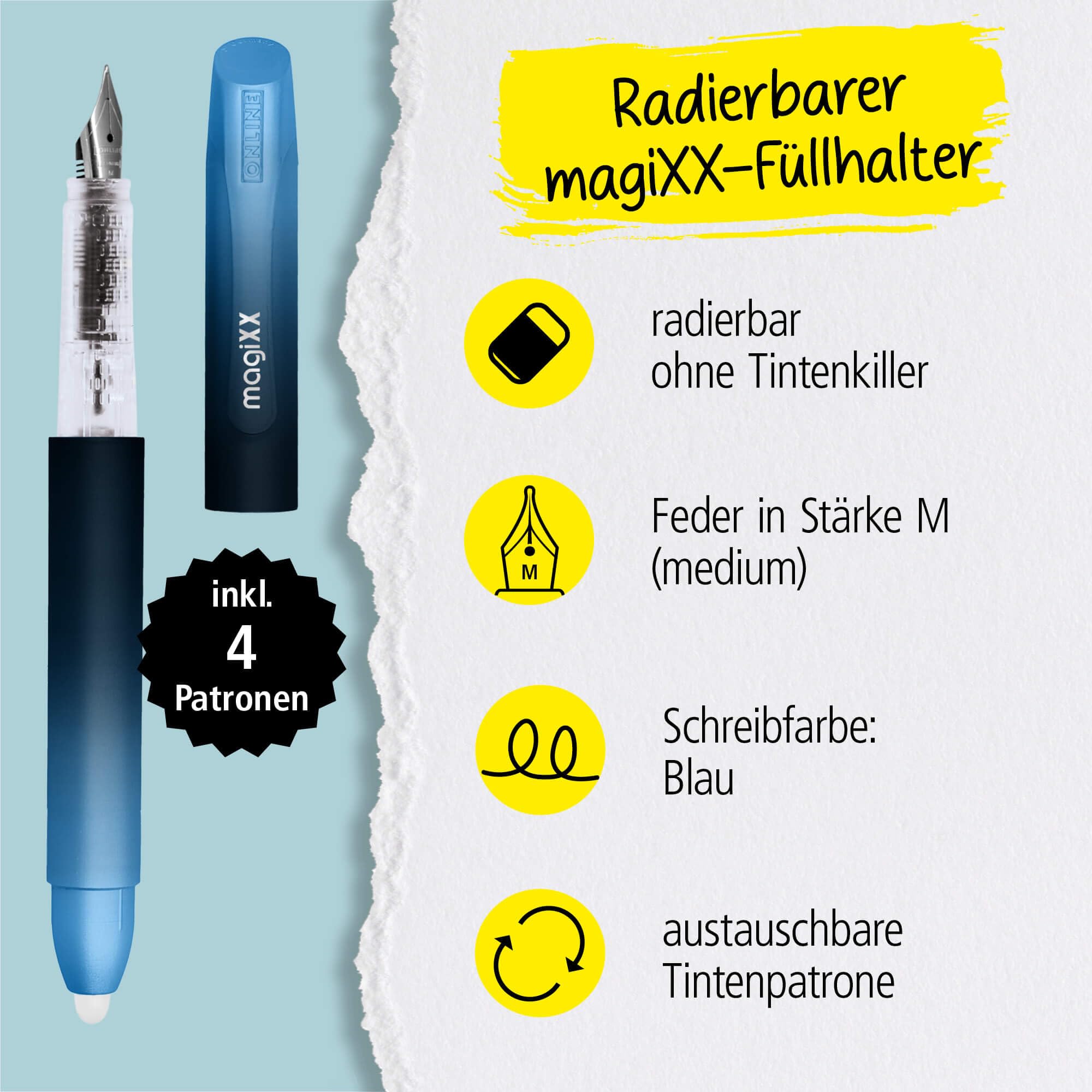 Online Füllhalter magiXX Deep Ocean I Füller mit radierbarer, blauer Tinte I inkl. 4 magiXX Patronen I Schreiben, radieren & korrigieren in einem I Füllfederhalter als Geschenk für Schule & Uni 2
