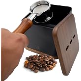 Espresso Knock Box with Lid, 1L Steel Coffee Puck Container, Black | Walnut non-slip base, quiet rubber knock bar, holds 20-25 pucks, dump bin for used grounds, home barista station essential