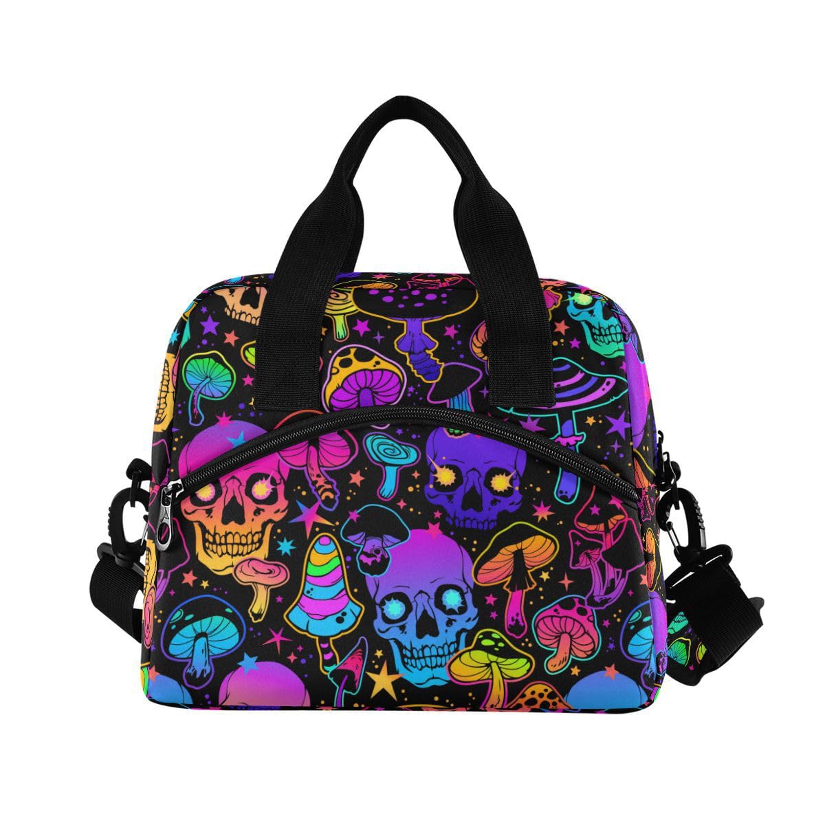 ALAZA Lunch Bags for Women Adults Girls Boys, Psychedelic Skull Mushroom Purple Insulated Lunch Box with Shoulder Straps and Handle, Crossbody Tote Lunch Bag for School Office