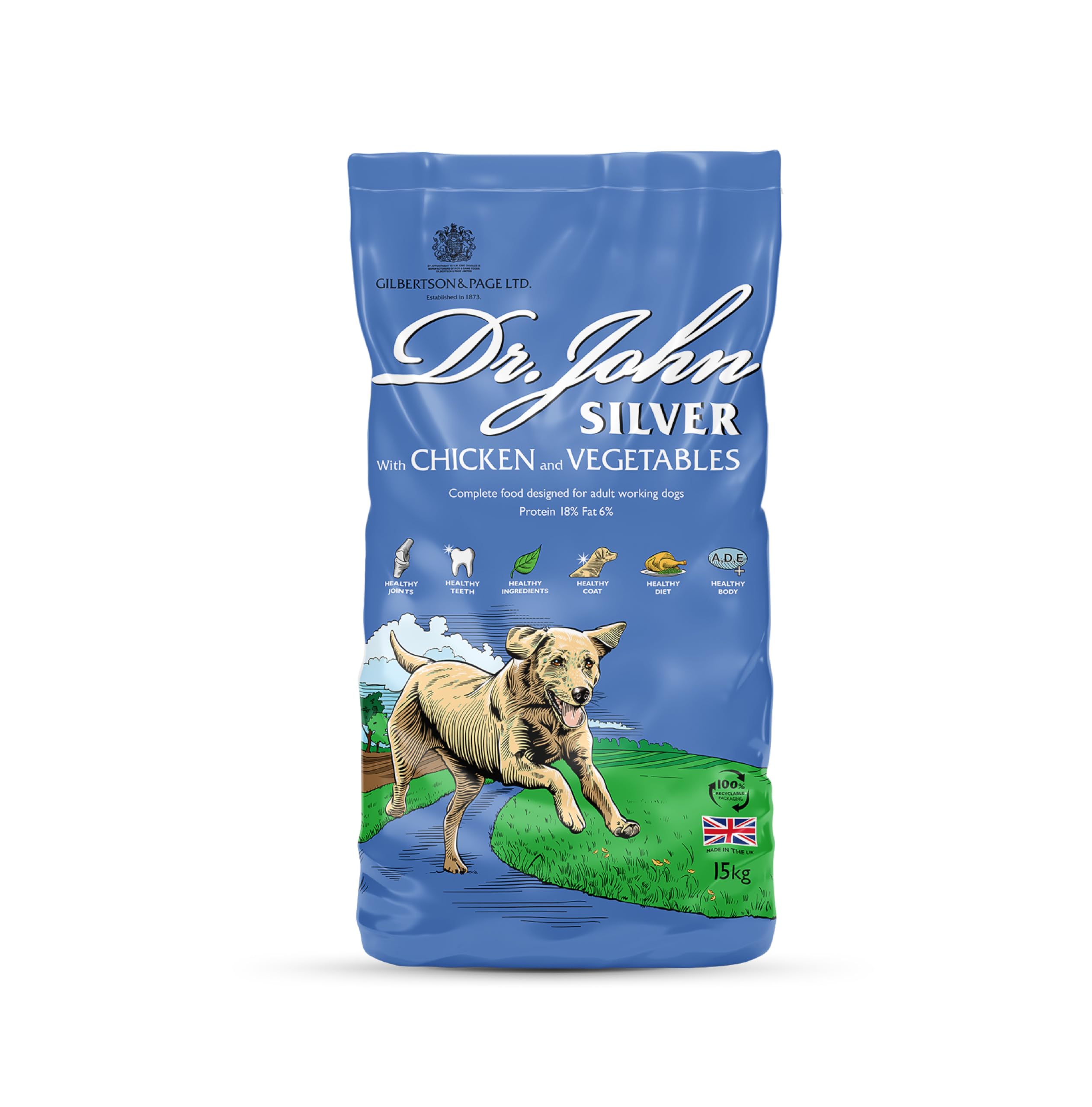 Dr John Silver Dry Dog Food 15kg - Chicken with Vegetables - Complete Dog Biscuits 15kg - Senior and Adult Dog Food for Light Activity, Maintenance and Resting Dogs
