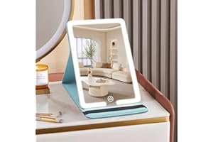 SUUPVAOR Travel Makeup Mirror with Lights, LED Lighted Vanity Cosmetic Mirror with PU Leather Case, Rechargeable 1500mAh Battery, 3-Color Light Modes Dimming Light Up Mirror 8X 5.5inch for Travel, Home, Office