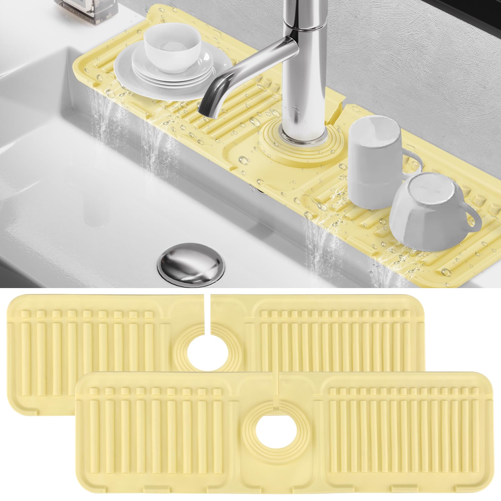 jwogngls Tap Protector & Drip Mat Pack of 2, 39.5 x 11 cm Silicone Tap Splash Guard, Tap Mat for Kitchen Sink, Drainage Mat for Kitchen and Bathroom, Worktop Protect