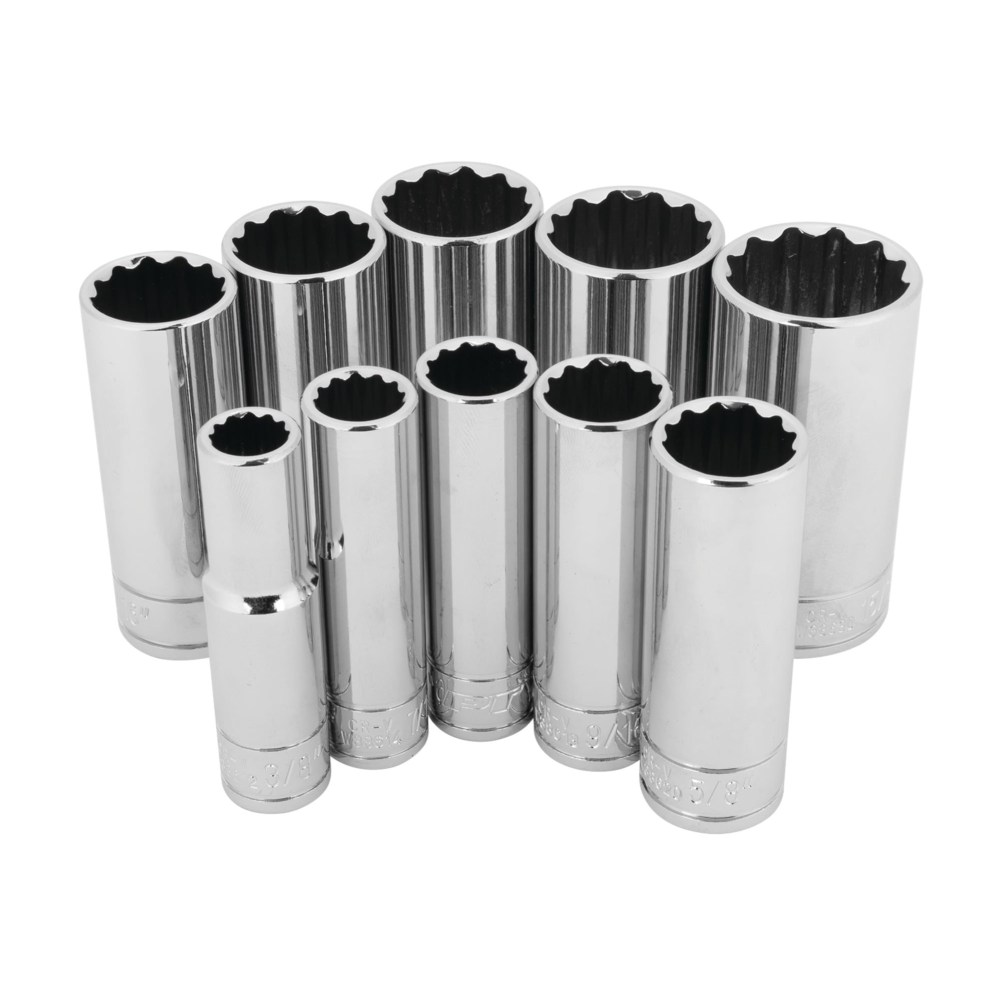 Performance Tool W38600 3/8-Inch Drive 12pt SAE Deep Wall Deep Socket Tool Set for Garages and Workshops, Chrome, 10 Pieces