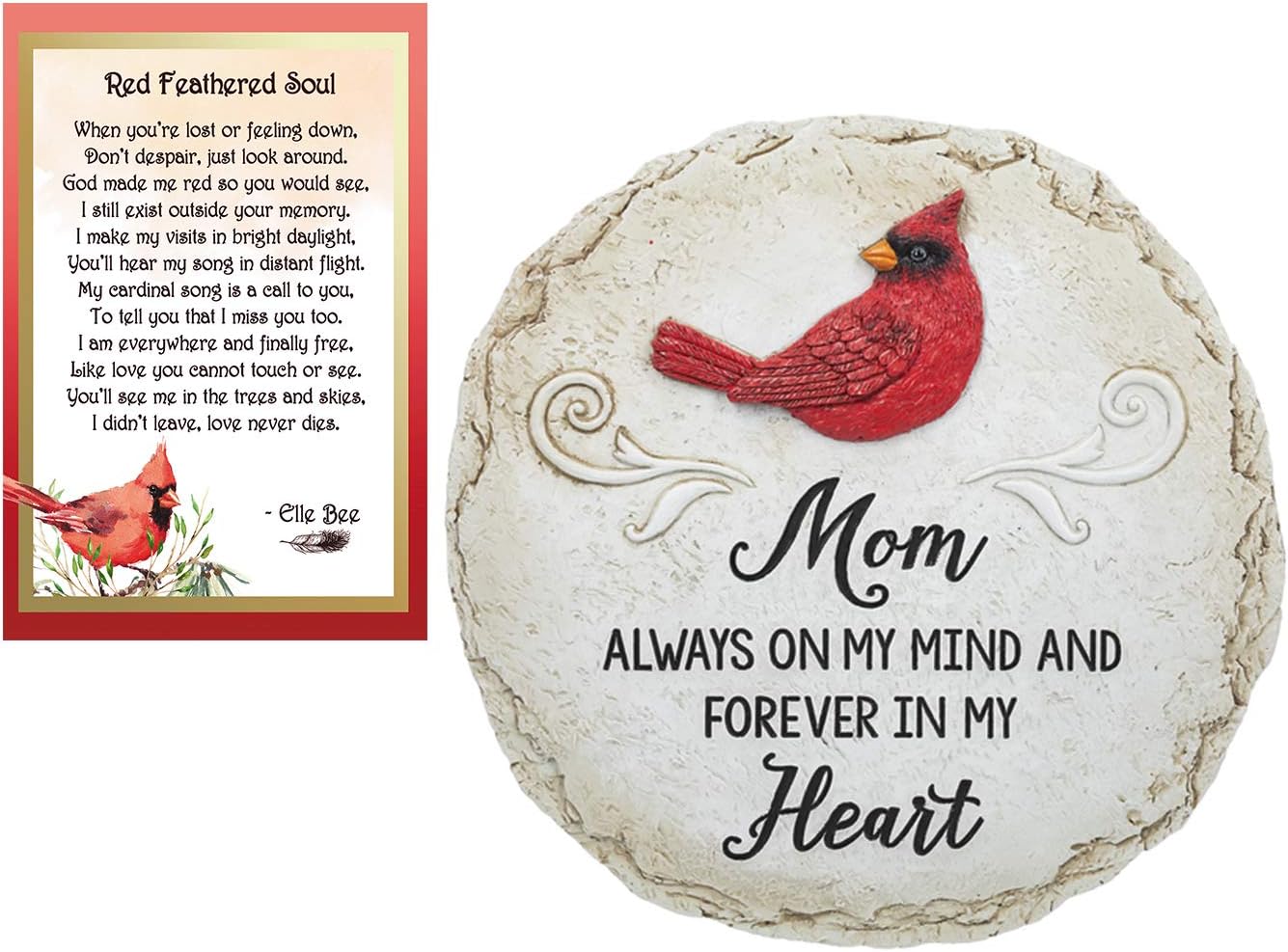 Lola Bella Gifts and Ganz Mom Always on My Mind and Forever in My Heart Cardinal Memorial Stepping Stone with Red Feathered Soul Poem Card Grief Sympathy Memorial Gift