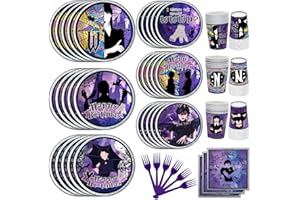 AURORAPARTY 150pcs Wednesday Party Supplies Addams Birthday Plates Party Decorations Purple Forks Birthday Disposable Tableware Set for 30 Guests