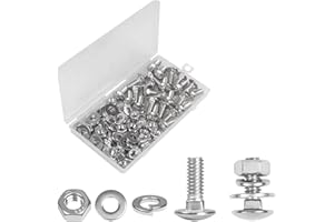 Yinpecly 25 Sets 1/4-20 x 3/4" Carriage Bolts Screws, 304 Stainless Steel Round Head Square Neck Carriage Bolts and Nuts Kit, with Flat & Lock Washers, Full Thread Coverage