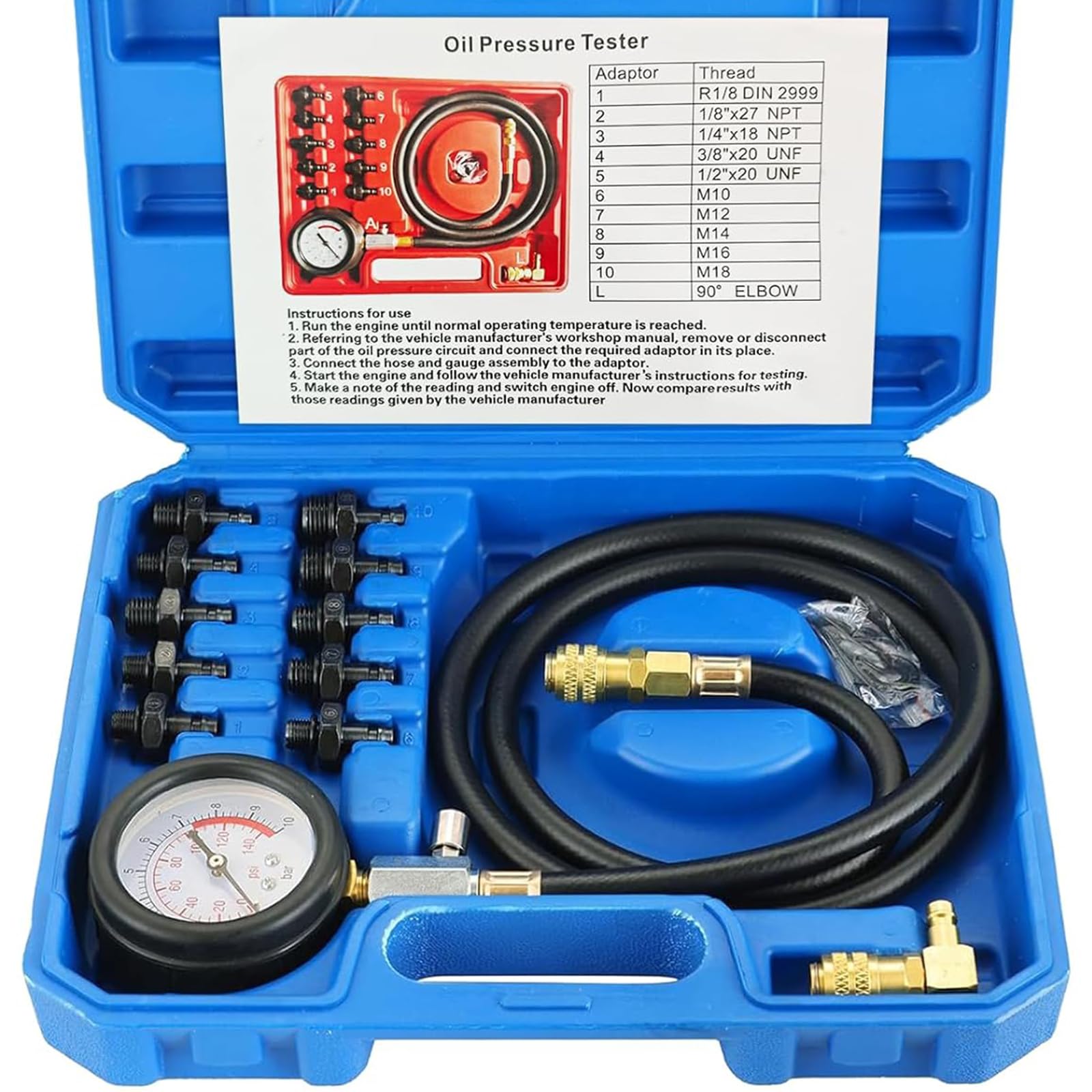 DASBET Engine Oil Pressure Tester Tool 0-140 PSI Engine Cylinder Oil Pressure Gauge Kit Oil Diagnostic Testing Set with Hose Adapters for Cars ATV Trucks