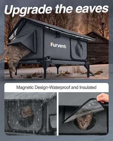 HEATED CAT HOUSE FOR OUTSIDE,EXTREMELY WEATHERPROOF&INSULATED IN WINTER,ELEVATED OUTDOOR CAT SHELTER WITH WATERPROOF EAVES&ESCAPE DOOR FOR FERAL STRAY BARN CATS(DARK GREY,S)