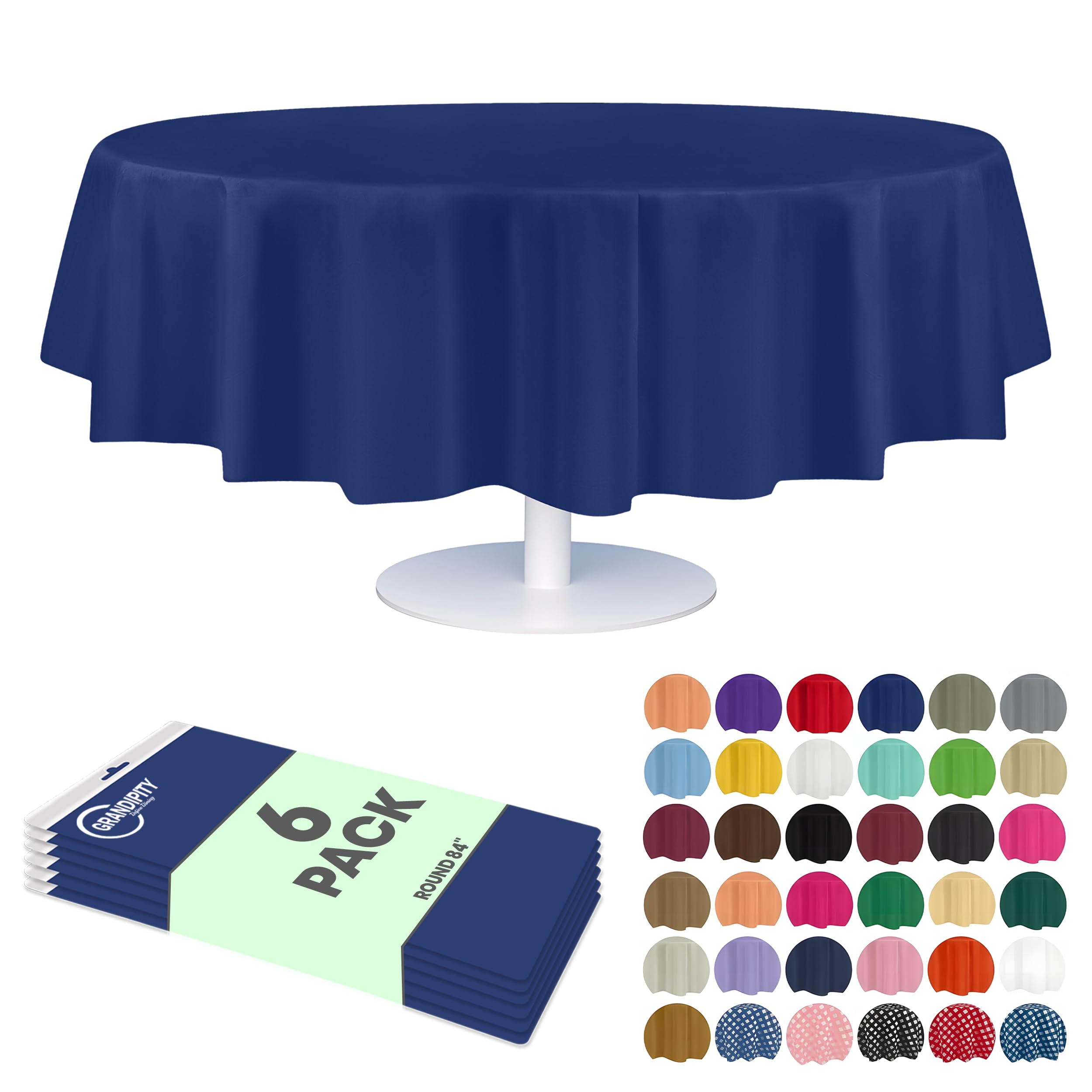 Grandipity Blue Plastic Table Cloth Disposable (6 Pk) 84in Round Tablecloth Premium Party Table Cloths Disposable - Perfect Table Cloth Round Cover for Any Table Up to 6 Feet