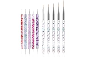 FULINJOY Nail Dotting Tools 10 Pcs Kit - 5 pcs Double-end Nail Dotting tools and 5 Pcs Nail Art Liner Painting Brushes