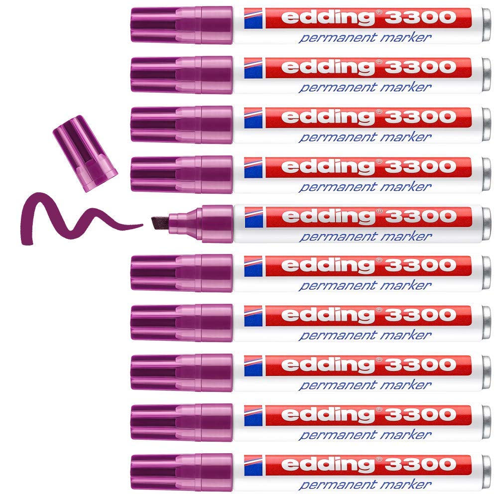 edding 3300 permanent marker - magenta (purple) - box of 10 - chisel tip 1.5-3 mm - quick-drying permanent markers - waterproof, smudge-proof - for cardboard, plastic, wood, metal, fabric -marker pens