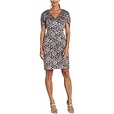 NIGHTWAY Womens Stretch Lace Zippered Cape Sleeves Glitter V Neck Above The Knee Cocktail Sheath Dress
