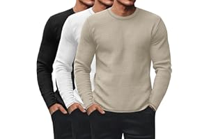 Ficerd 3 Pack Men's Waffle Long Sleeve Shirts, Crew Neck Thermal Underwear Tops Casual Pullover Sweaters Knit Undershirts