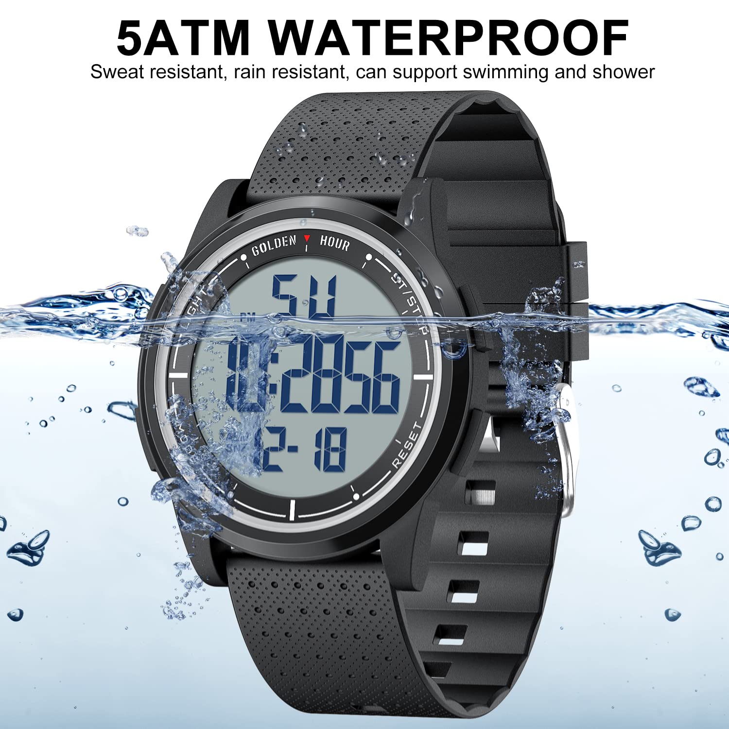 GOLDEN HOUR Ultra Thin Minimalist Sports Waterproof Digital Watch Men Wide Angle Display Rubber Strap Wrist Watch for Men Women, Resin/Bright/Black