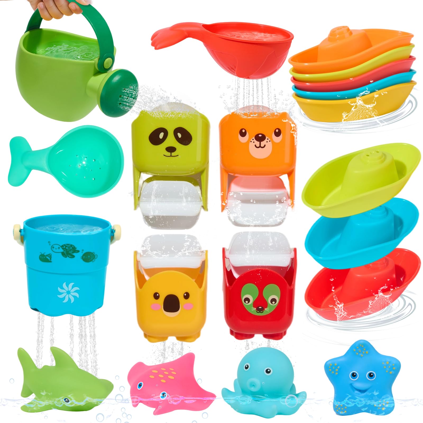 Baby Bath Toys for 1 2 3 4 Year Olds Toddler Kids - 17 PCS Fun and Safe Mould Free Bathtub Water Play Swimming Pool Toys with No Mould Bath Boats Rotating Waterfall Cups & Watering Can for Boys Girls