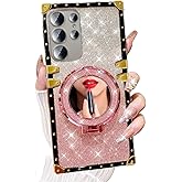 AuroiCCY Magnetic Case for Samsung Galaxy S25 Ultra, Glitter Shockproof Protective Ring Holder Foldable Kickstand Make up Mirror Bling Girly Woman Soft Phone Cover for (Pink)