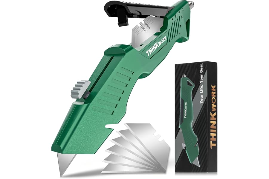 THINKWORK Utility Knife Box Cutter, Retractable & All Metal | Quick Blade Change, Build-in Blade Storage with Extra 6 SK4 Blades, 2-in-1 Multi-tool for Drywall Carpet Warehouse