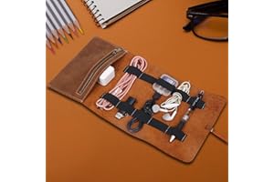 QEES Cable Organizer,Travel Organizer Electronics Organizer,Leather Charge Organizer Roll Bag,Travel Cord Organizer Tec Cable Organizer Bag Travel Case For Cable Charger Phone USB Headphone. (10 Slots)