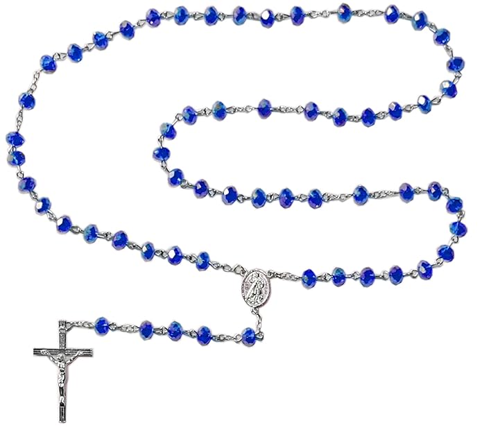 Kaltner Präsente Geschenkidee - Rosenkranz für Damen und Herren mit Kreuz Anhänger Marienbild und Glas Perlen Farbe Blau (Län