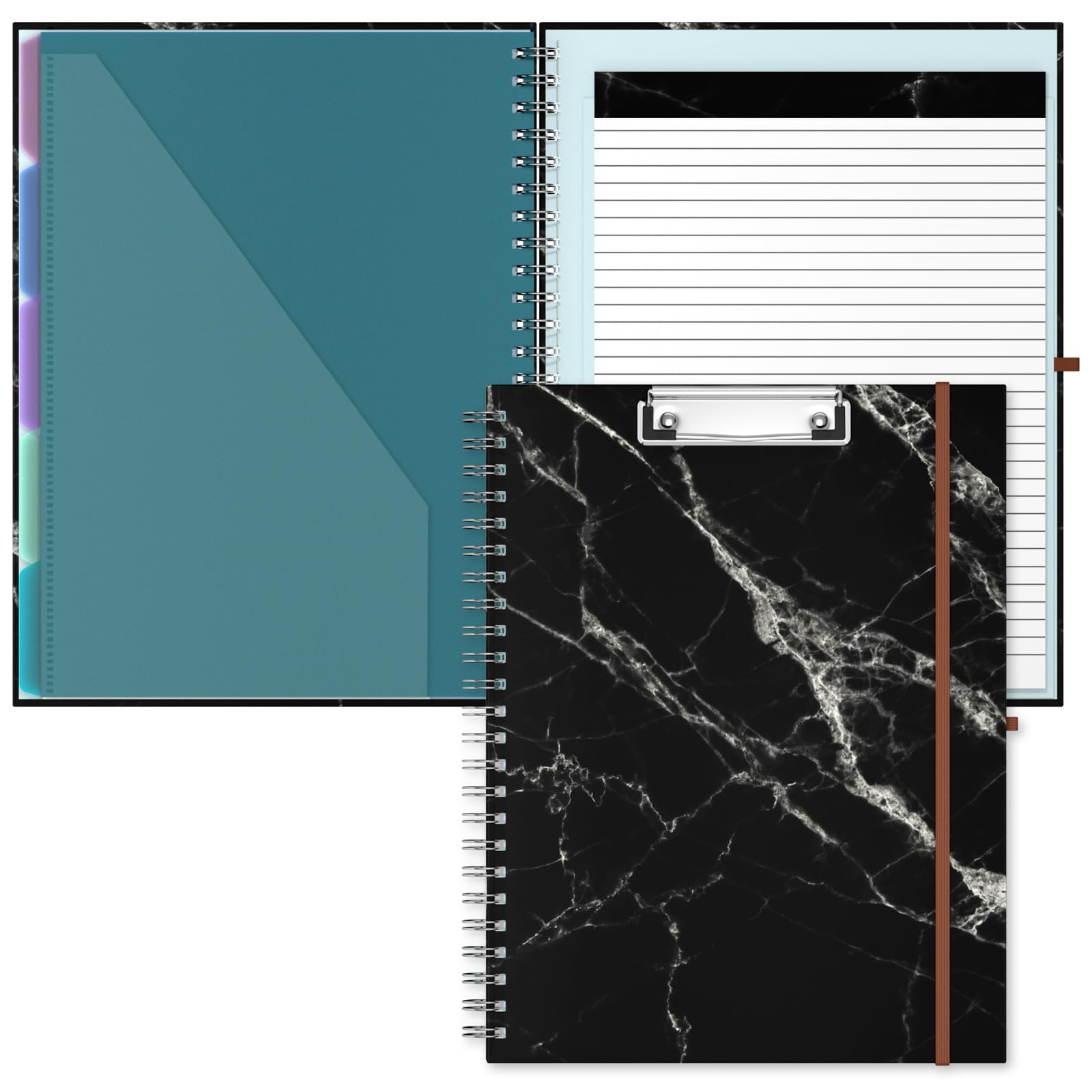 Hnogri Clipboard Folio with Refillable Lined Notepad, Clipboards with 5 A4 Folders Storage 10 Pockets, Spiral Clip Board Portfolio, Size 12.8" x 9.7", Office Supplies, School Supplies, Cute Marble