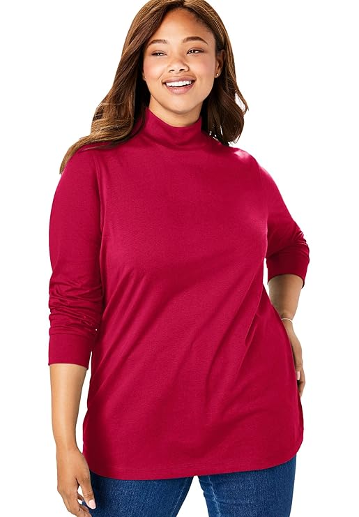 Woman Within Women's Plus Size Perfect Long Sleeve Mock Turtleneck - Classic Red, M best women's turtlenecks