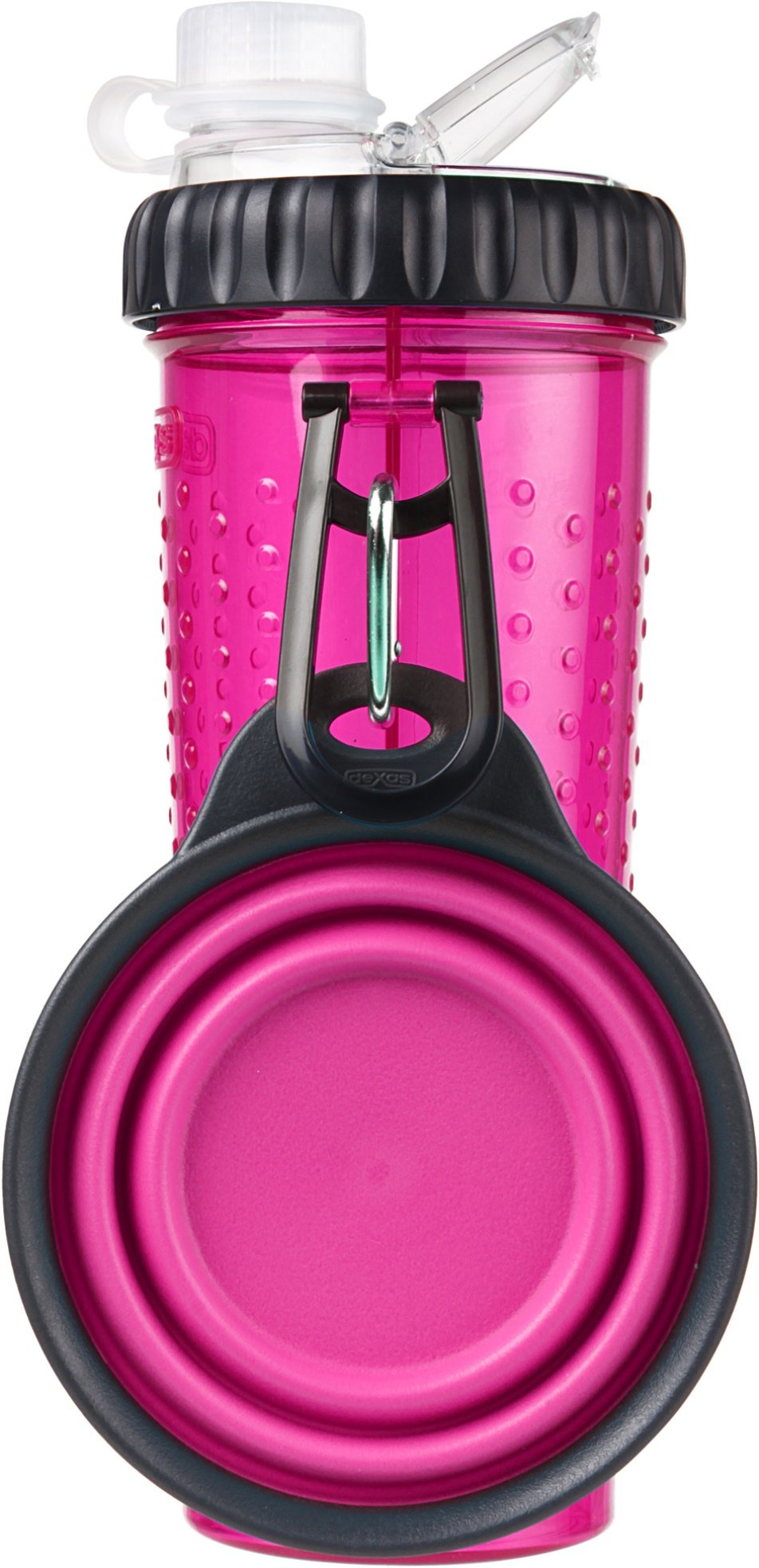 Dexas Popware for Pets Snack Duo Dual Chambered Hydration Bottle and Snack Container with Collapsible Pet Cup, Pink