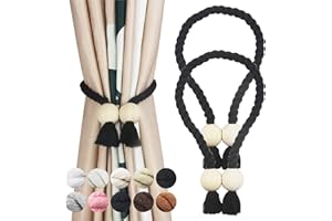 Porlau 2 Pack Black Magnetic Curtain Tiebacks Cotton Hand Woven Tieback Holdback Decorative Tie Backs for Drapes with Wooden Buckle No Tools Required
