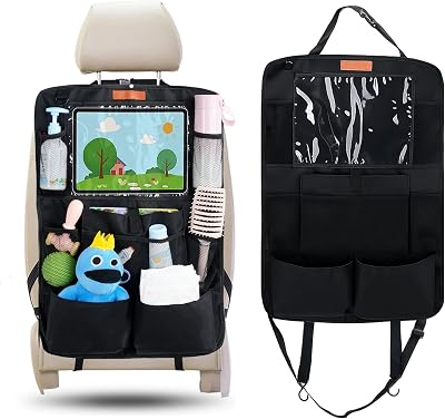 Organisateur Voiture Enfant, Protection Siège Arrière Tissu Oxford Imperméable Anti-Saleté, Rangement Multi-Poches avec Grande Poche pour Jouet et Livres, Accessoire Auto Intérieur, Noir SURFOU