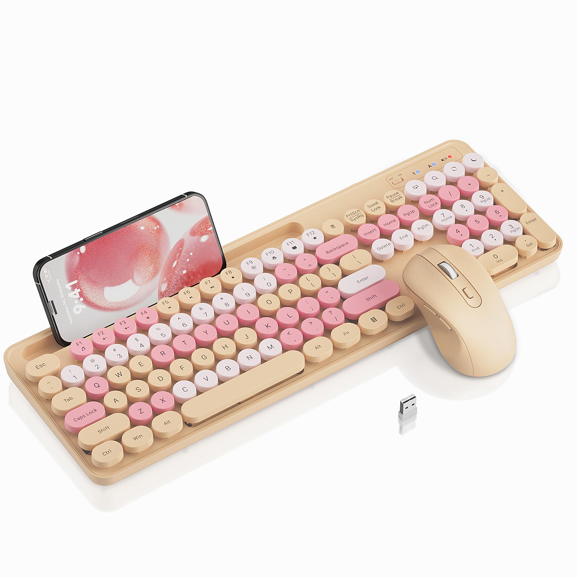 Photo 1 of Wireless Keyboard and Mouse Combo, Retro Round Keycaps, Cute Full-Size Typewriter Keyboard with Phone Holder, Sleep Mode, Click Soft, 2.4GHz Cordless Connection for Windows/PC/Laptop (Latte-Colorful)
