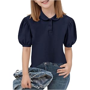 DASAYO Uniform Polo Shirts for Girls Short Sleeve Peter Pan Collar School Uniform Shirts Kids Cute Puff Sleeve Polo Shirt