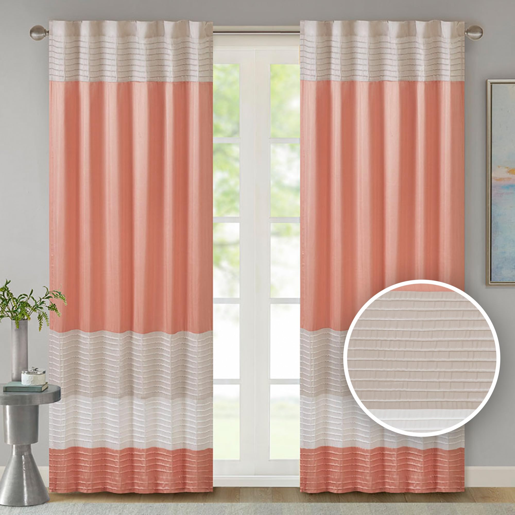 Madison Park Window Curtain Single Panel Faux Silk, Elegant Pleats, Rod Pocket Curtains for Living Room Privacy, Room Darkening Window Curtain for Bedroom and Dorm, Amherst, 50x84, Coral