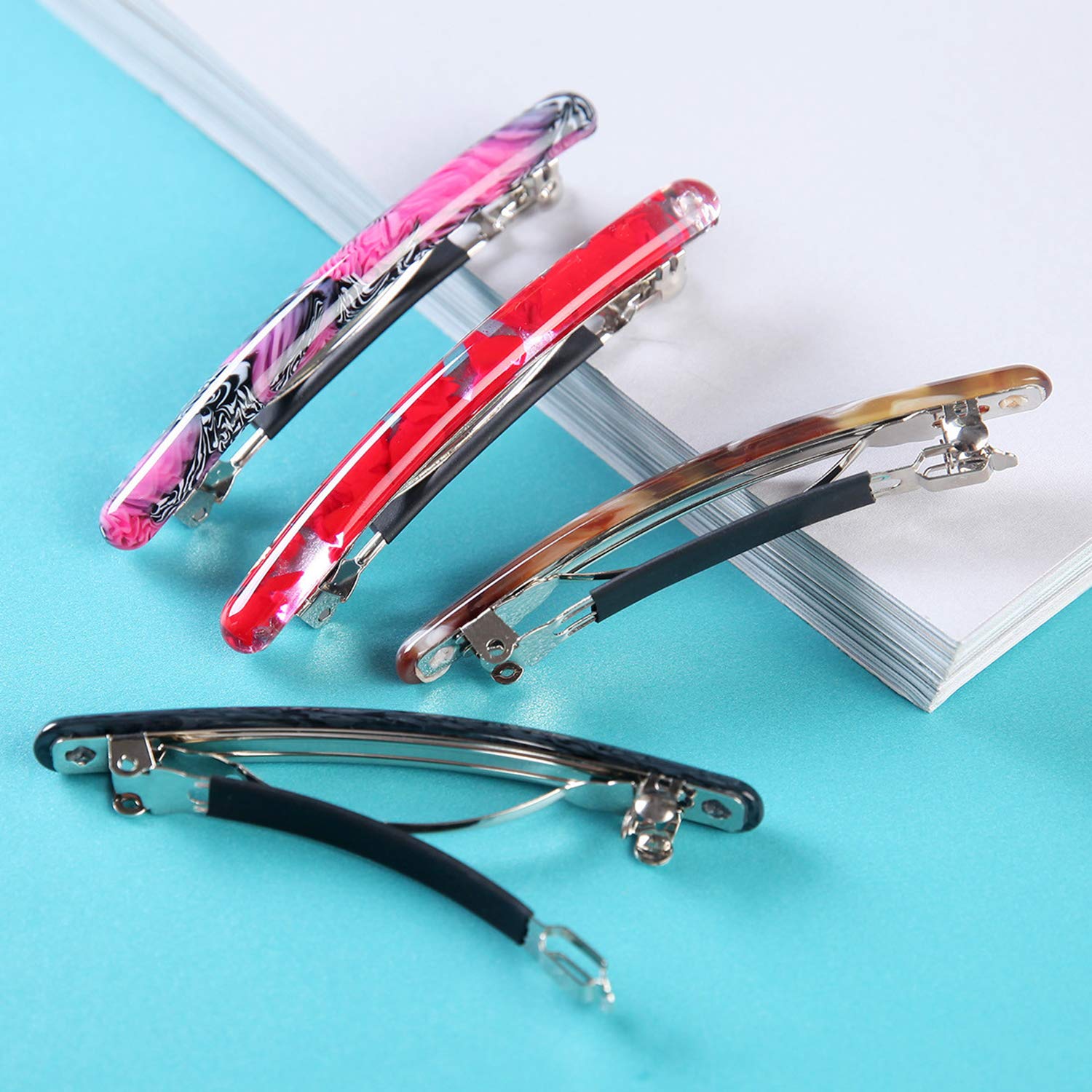4 Pcs Skinny Hair Barrettes for Women, Colorful Small Barrette Clips for Thin Fine Hair, Celluloid Automatic French Hair Clips for Women Ladies : Beauty