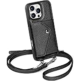 LUCKYCOIN Crossbody Wallet Phone Case for iPhone 16 Pro Max, Genuine Phone Case with Expandable Wallet Card Holder & Adjustable Removable Crossbody Strap, Phone Purse with Card Slot - Pebble Black