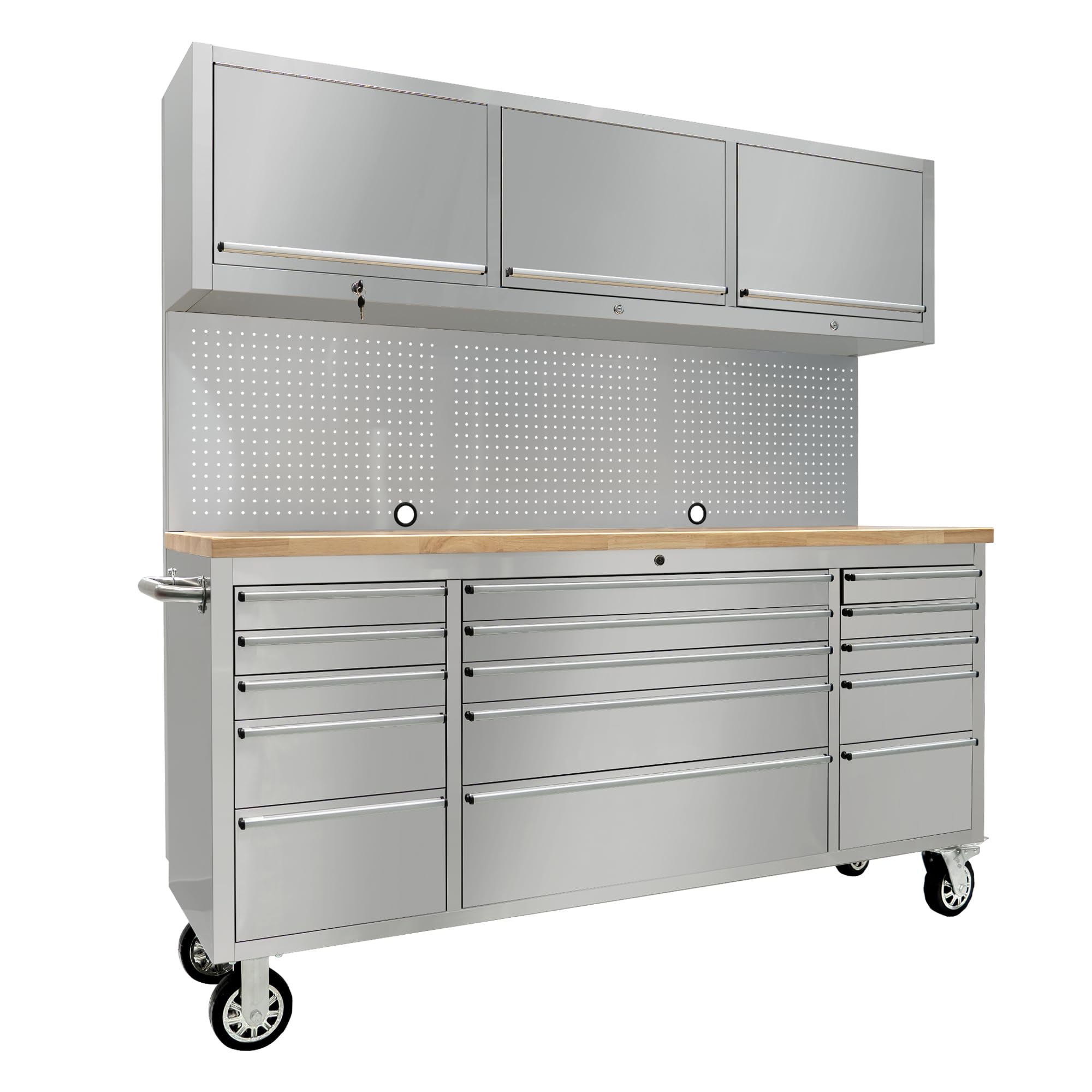 Photo 1 of ***MINOR PAINT CHIPS ON CORNERS*** CT Copper Tailor 72-inch Tool Chest Cabinet Rolling Garage Workbench with 15 Storage Drawers and Wheels, 3 Upper Cabinet, Pegboard, Steel Large Tool Box,Stainless Steel