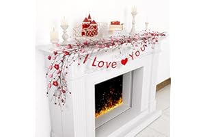 TISEMENT Valentines Day Garland for Mantel, 6FT Spring Garland & Valentines Day Centerpiece for Table, Red Pink Heart Garland and Berry Garland for Wedding Party Valentine's Day Decorations.