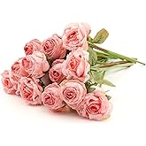 PONKING Rose Artificial Flower 12pcs Realistic Faux Silk Roses Fake Flowers Bouquets Arrangements Decor for Wedding Spring Mother's Day, Home Table Decorations, Pink Flower