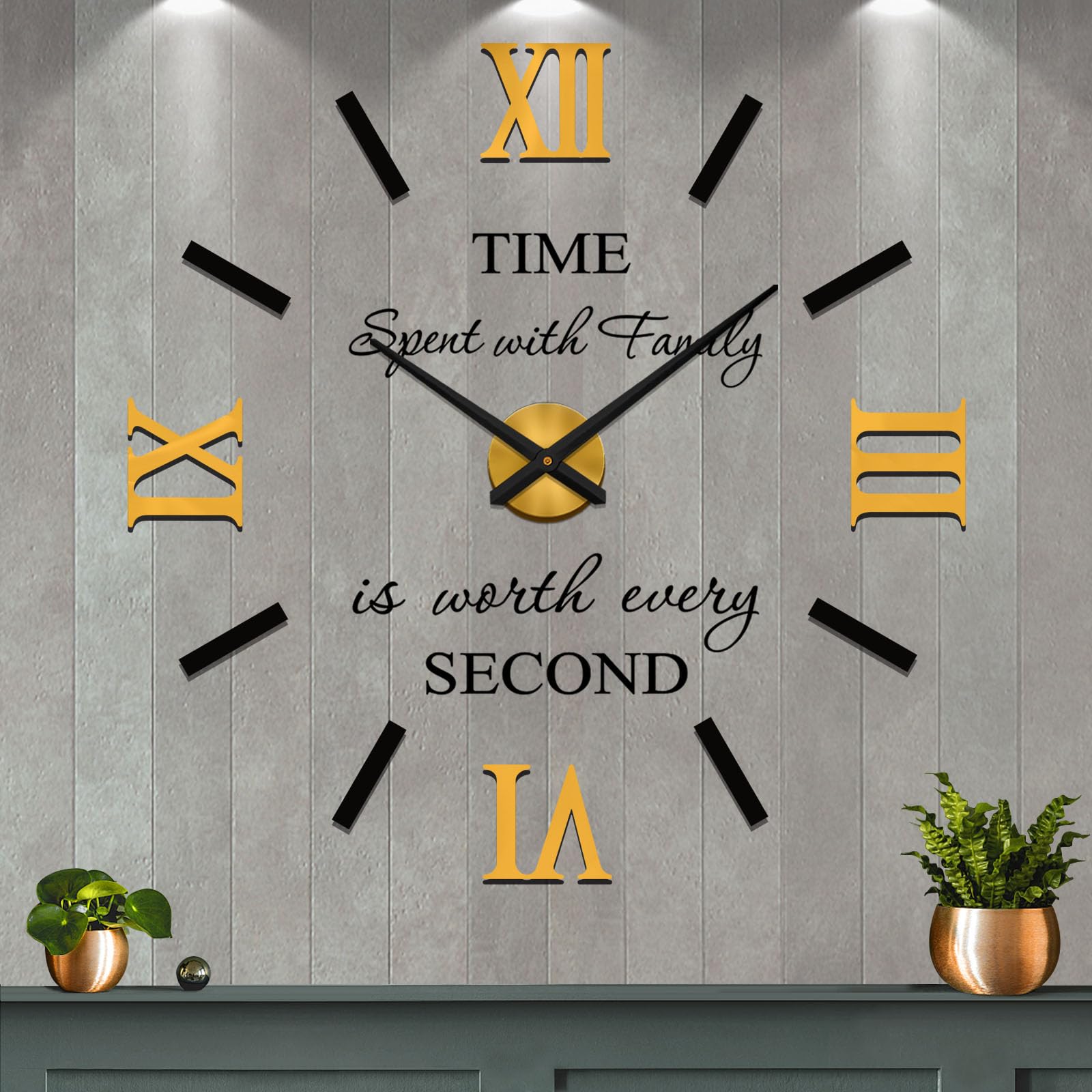 VANGOLD DIY Frameless Large Wall Clock Decoration 3D Modern Mute Big Wall Clocks for Living Room,Black Gold,XX-Large