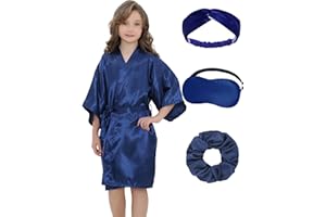 EPLAZA Kids Girls Satin Robe with Hair Band Eye Mask for Birthday Spa Bridal Party Flower Girls Wedding Robes Kimono