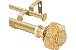 1 Inch Modern Gold Double Curtain Rod Set - Tension rods for windows 28 to 48 inchs with Octagonal Crystal Finial -BHSRODS Home Double Window Rods for Living Room & Bedroom