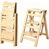 3-Step Wooden Folding Step Stool &ndash; Solid Pine Frame, Non-Slip Steps, Anti-Scratch Base, 337lb Capacity &ndash; No Assembly Required, Space-Saving for Kitchen &amp; Home &ndash; Walnut (Natural Wood)