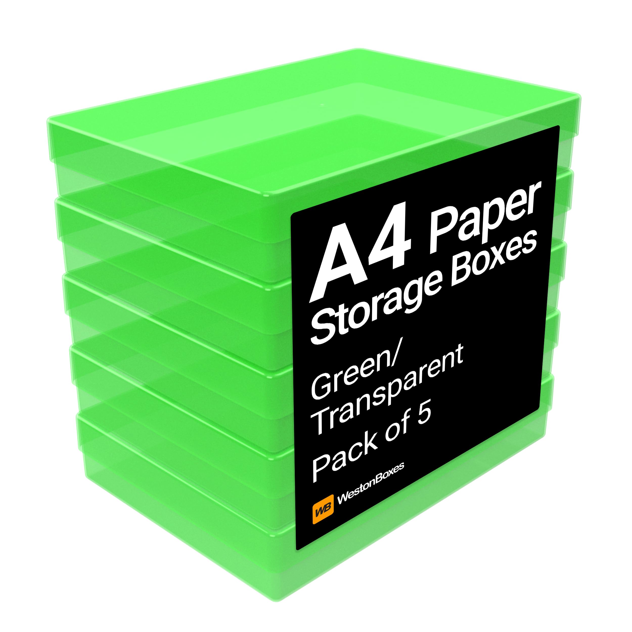 WestonBoxes A4 Colourful Transparent Plastic Craft Storage Boxes with Lids for Art Supplies, Paper and Card (Green/Transparent, Pack of 5)