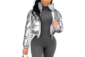 COZYPOIN Women's Metallic Shiny Cropped Puffer Jacket Long Sleeve y2k Zip Up Padded Down Short Coat Outerwear