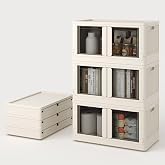 FLEXIMOUNTS 228 QT Stackable Plastic Storage Bins With Lids, Milky White | Collapsible Foldable Storage Bins with Front Doors and Built-in Wheels, Organizers and Storage for Home, Dorm, 3 Pack Cubes