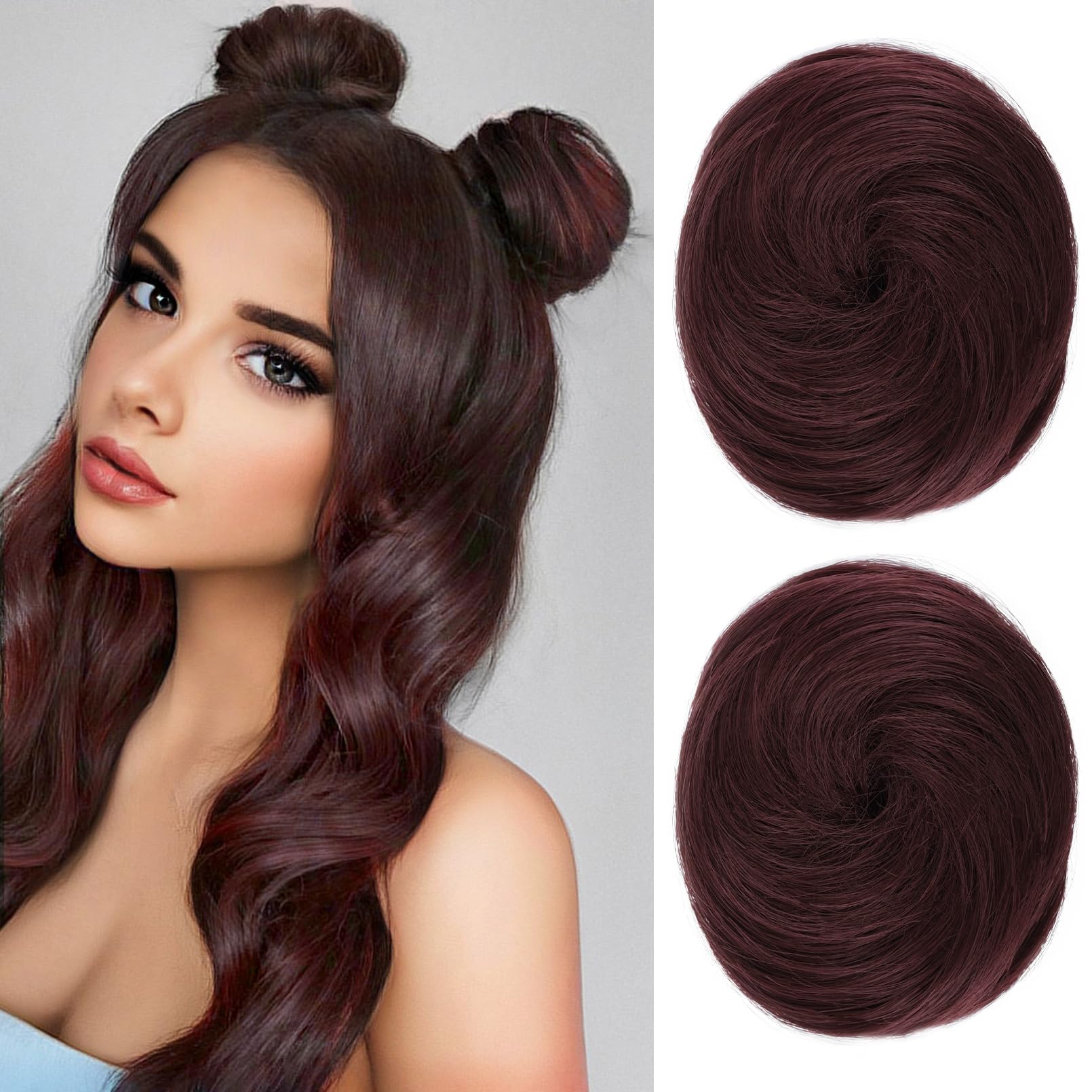 REECHO 2 PCS Mini Claw Clip in Messy & Cat Ears Hair Bun Extensions Wig Accessory Updo Hairpieces for Women Girls (Pack of 2-3" Straight, Burgundy)