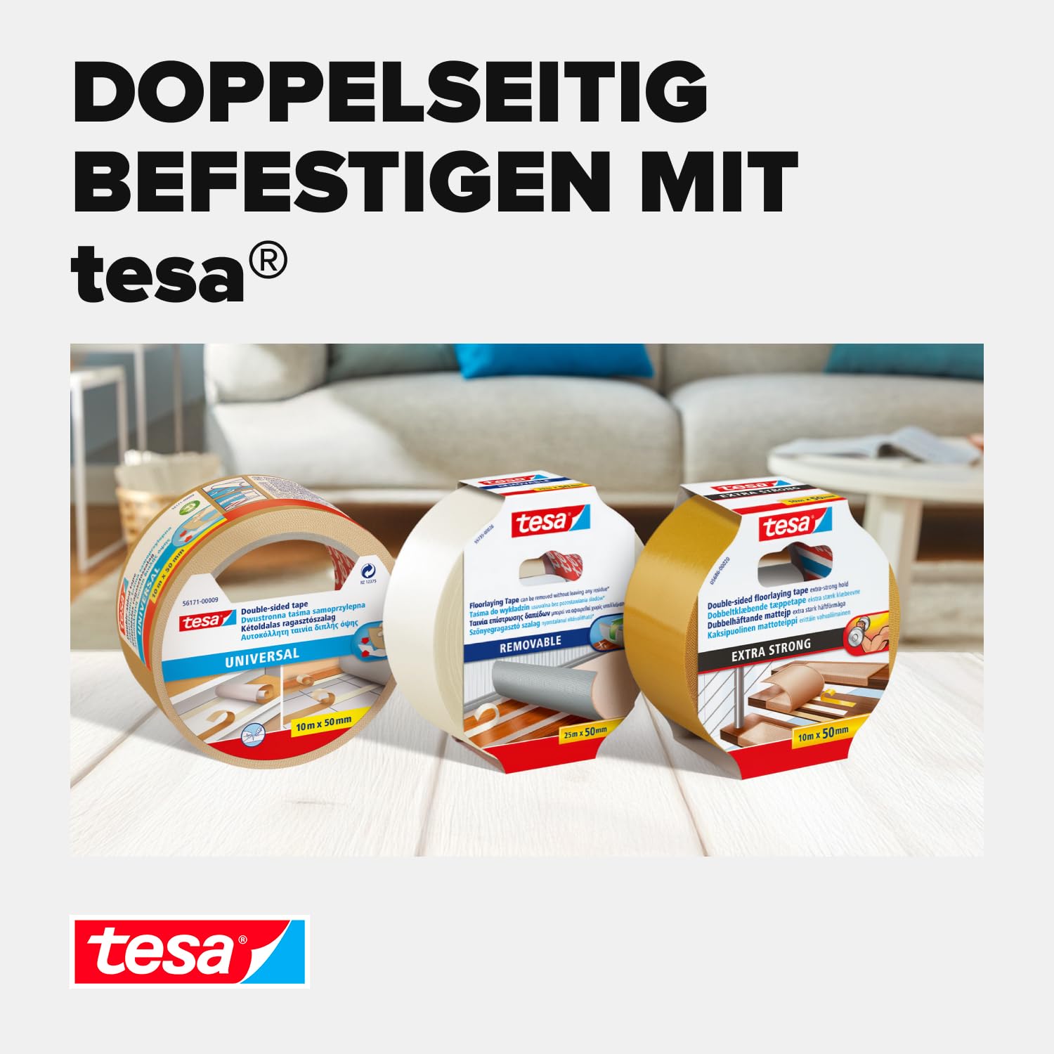 tesa Verlegeband extra stark klebend - Doppelseitiges Klebeband zum Verlegen von Teppich und PVC-Belag - doppelseitig klebend - 10 m x 50 mm 7