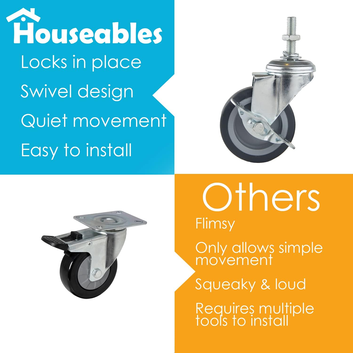 Houseables Caster Wheels, Casters, Set of 4, 3 Inch, Rubber, Heavy Duty, Threaded Stem Mount Industrial Castors, Locking Metal Swivel Wheel, Replacement For Carts, Furniture, Dolly, Workbench, Trolley: Home Improvement
