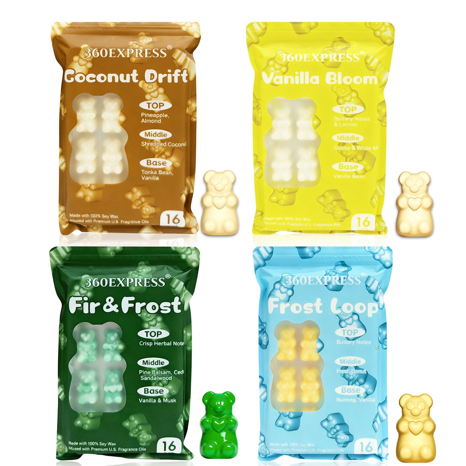 Photo 1 of 360EXPRESS Wax Melts Gift Set - Sweet Treats Variety Pack - 64 Cute Bear Wax Cubes for Warmers - Features Fir&Frost, Vanilla Bloom, Coconut Drift, Frost Loop Premium Scents