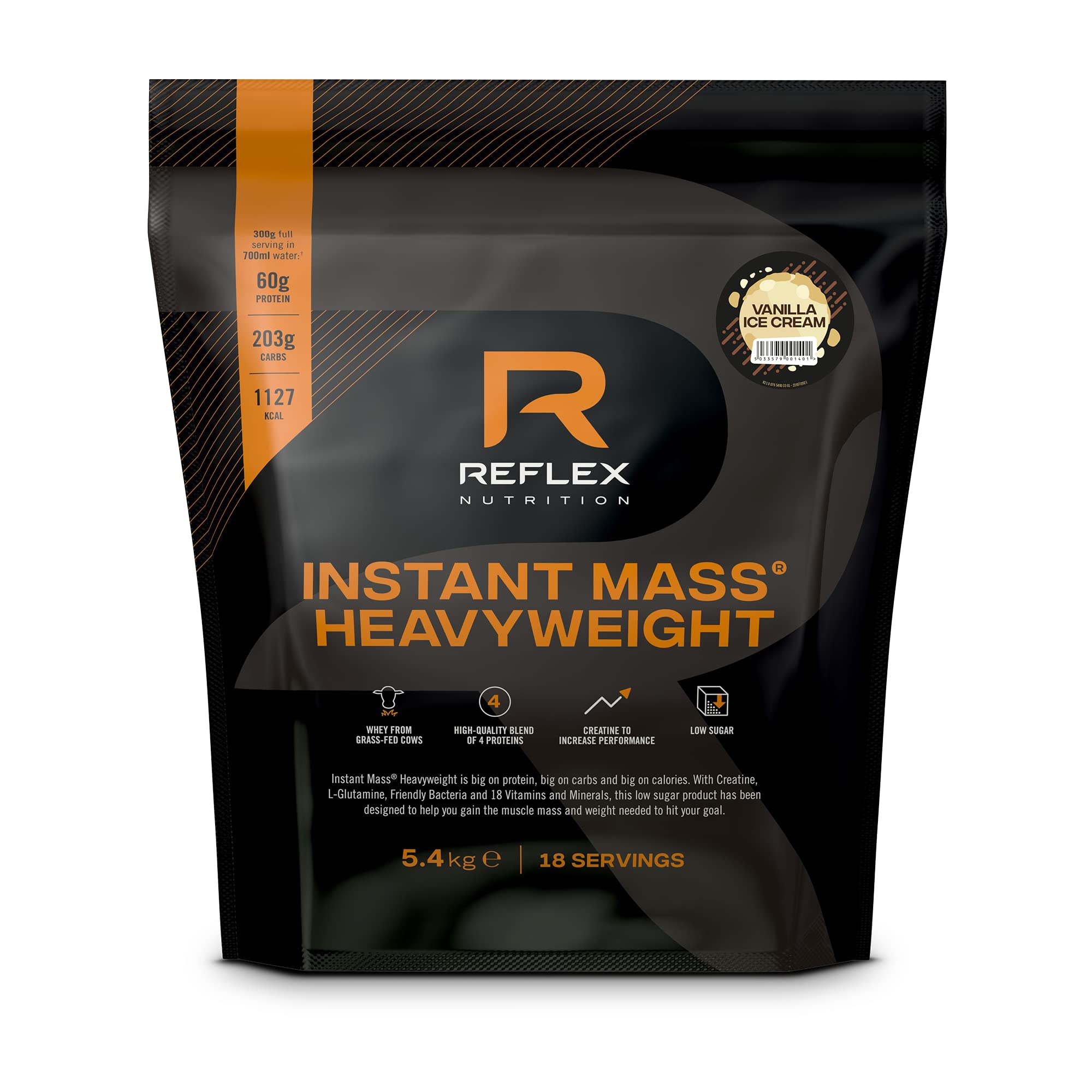 Reflex Nutrition Instant Mass Heavyweight - Mass Gainer - Over 1000 Kcal per Serving, 60g Protein, Creatine - High Calorie Post Workout or Before Bed Protein Shake (Vanilla Ice-Cream, 5.4 kg)