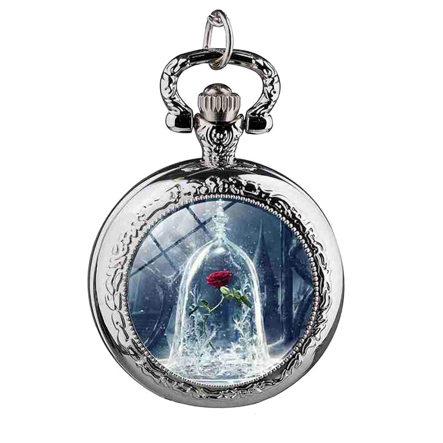 Designer Inspirations Boutique Beauty & The Beast Flower Rose Design Polished Silver Retro/Vintage Case Women's Quartz Pocket Watch Necklace - On 32" Inch / 80cm Chain
