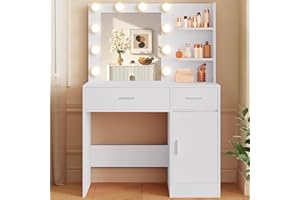 LIVELYGLOW Lighted Makeup Vanity Desk, 35.4“W x 15.7'”D x 54“H, White (with Lights and Mirror, Dimming Function, 2 Drawers and 1 Cabiniet, Open Shelves) by Boahaus